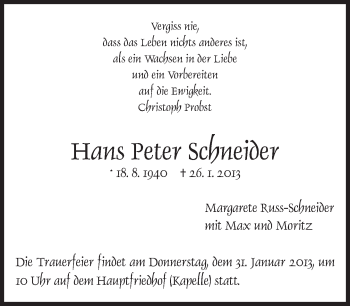 Traueranzeige von Hans Peter Schneider von Eßlinger Zeitung/Cannstatter Zeitung