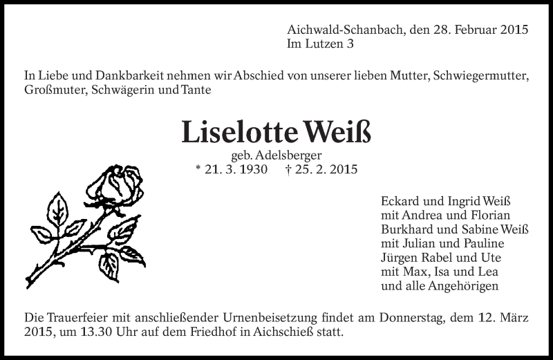  Traueranzeige für Liselotte Weiß vom 28.02.2015 aus Eßlinger Zeitung/Cannstatter Zeitung