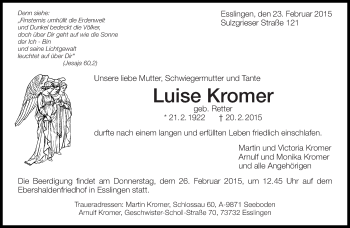 Traueranzeige von Luise Kromer von Eßlinger Zeitung/Cannstatter Zeitung
