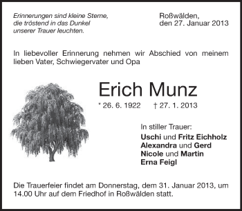 Traueranzeige von Erich Munz von Eßlinger Zeitung/Cannstatter Zeitung