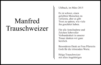 Traueranzeige von Manfred Trauschweizer von Eßlinger Zeitung/Cannstatter Zeitung