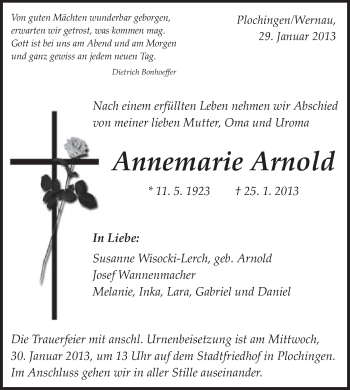 Traueranzeige von Annemarie Arnold von Eßlinger Zeitung/Cannstatter Zeitung