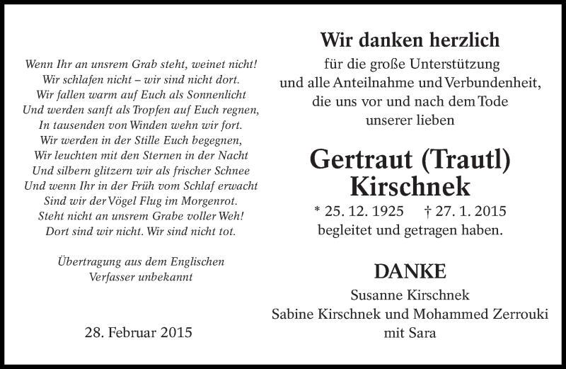  Traueranzeige für Gertraut Kirschnek vom 28.02.2015 aus Eßlinger Zeitung/Cannstatter Zeitung
