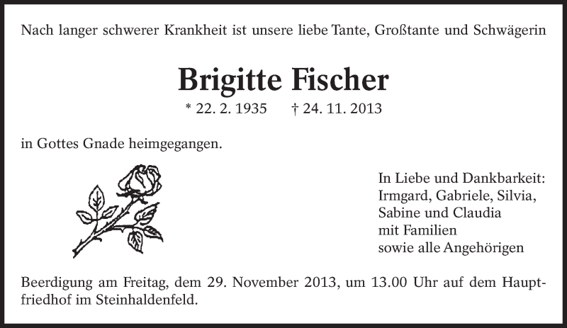  Traueranzeige für Brigitte Fischer vom 26.11.2013 aus Eßlinger Zeitung/Cannstatter Zeitung