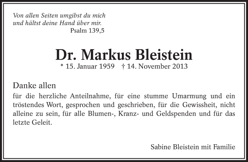  Traueranzeige für Markus Bleistein vom 28.11.2013 aus Eßlinger Zeitung/Cannstatter Zeitung