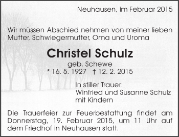 Traueranzeige von Christel Schulz von Eßlinger Zeitung/Cannstatter Zeitung