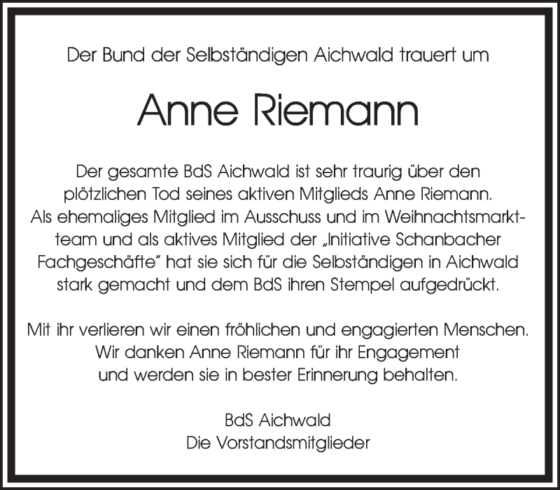  Traueranzeige für Anne Riemann vom 03.12.2013 aus Eßlinger Zeitung/Cannstatter Zeitung