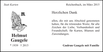Traueranzeige von Helmut Gaugele von Eßlinger Zeitung/Cannstatter Zeitung