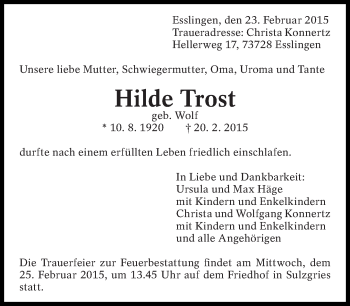 Traueranzeige von Hilde Trost von Eßlinger Zeitung/Cannstatter Zeitung