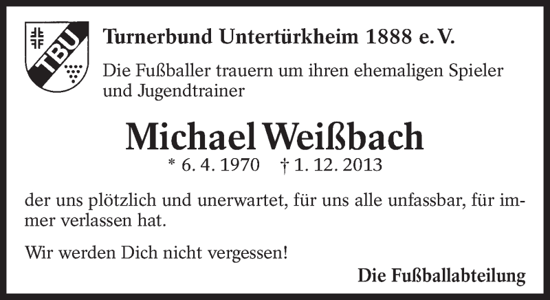  Traueranzeige für Michael Weißbach vom 07.12.2013 aus Eßlinger Zeitung/Cannstatter Zeitung