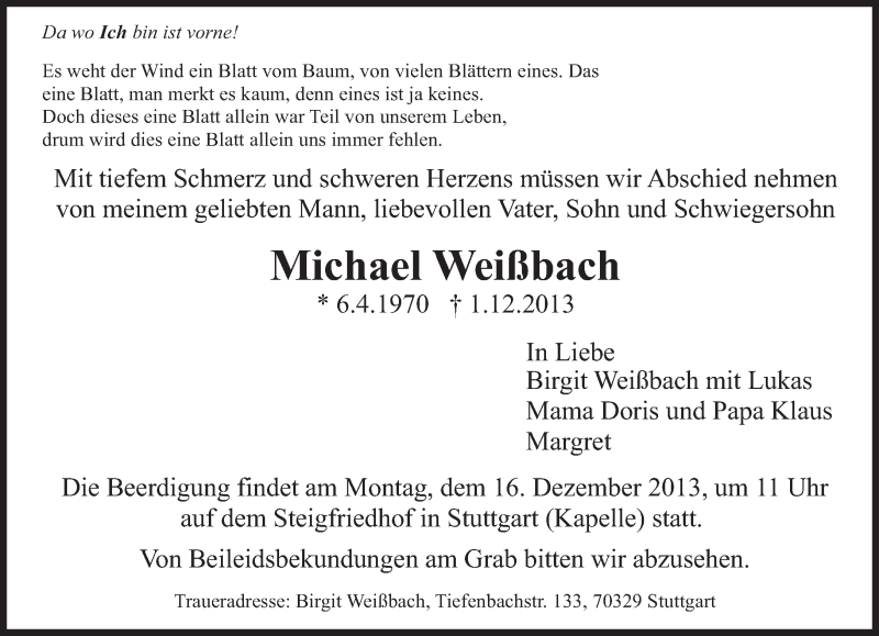  Traueranzeige für Michael Weißbach vom 07.12.2013 aus Eßlinger Zeitung/Cannstatter Zeitung