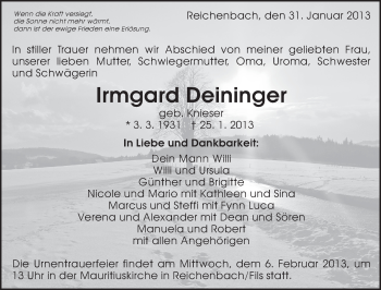 Traueranzeige von Irmgard Deininger von Eßlinger Zeitung/Cannstatter Zeitung