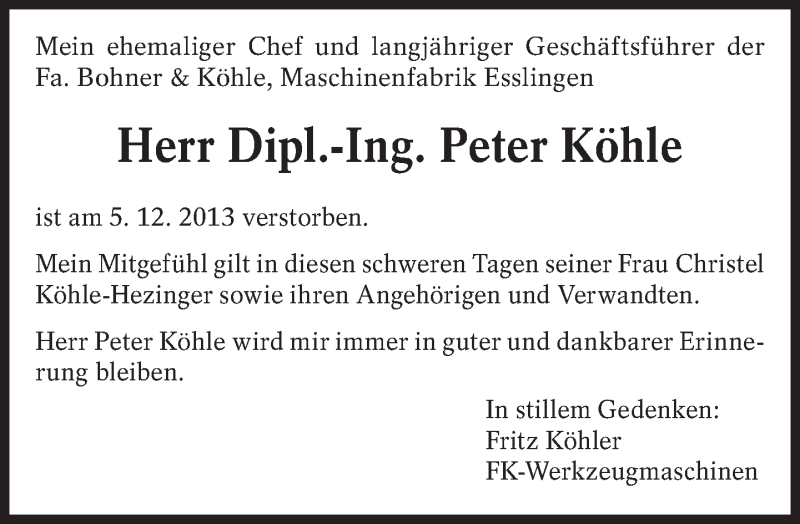  Traueranzeige für Peter Köhle vom 11.12.2013 aus Eßlinger Zeitung/Cannstatter Zeitung
