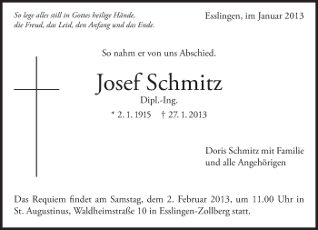 Traueranzeige von Josef Schmitz von Eßlinger Zeitung/Cannstatter Zeitung