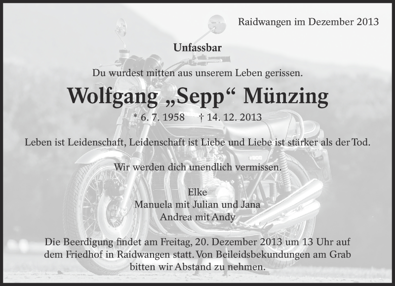  Traueranzeige für Wolfgang Münzing vom 18.12.2013 aus Eßlinger Zeitung/Cannstatter Zeitung