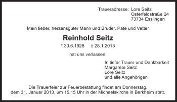 Traueranzeige von Reinhold Seitz von Eßlinger Zeitung/Cannstatter Zeitung