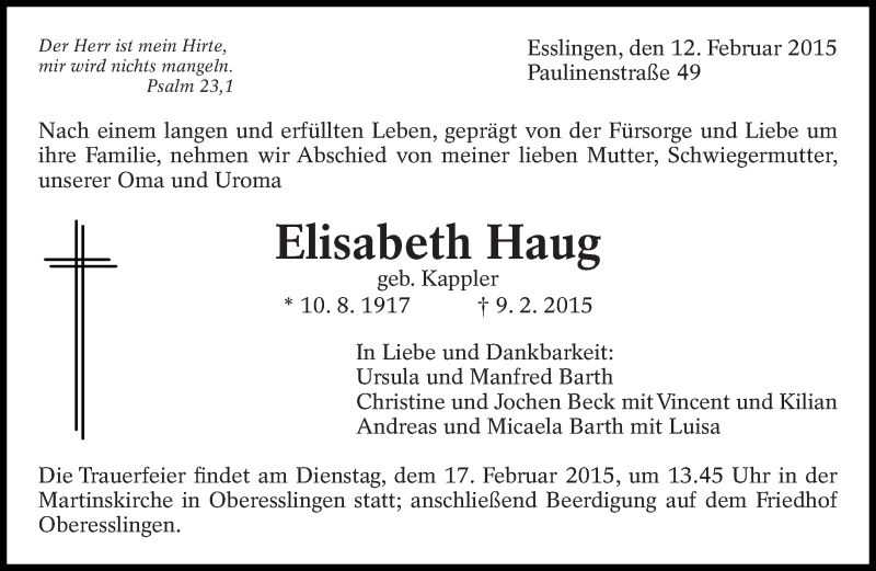  Traueranzeige für Elisabeth Haug vom 12.02.2015 aus Eßlinger Zeitung/Cannstatter Zeitung