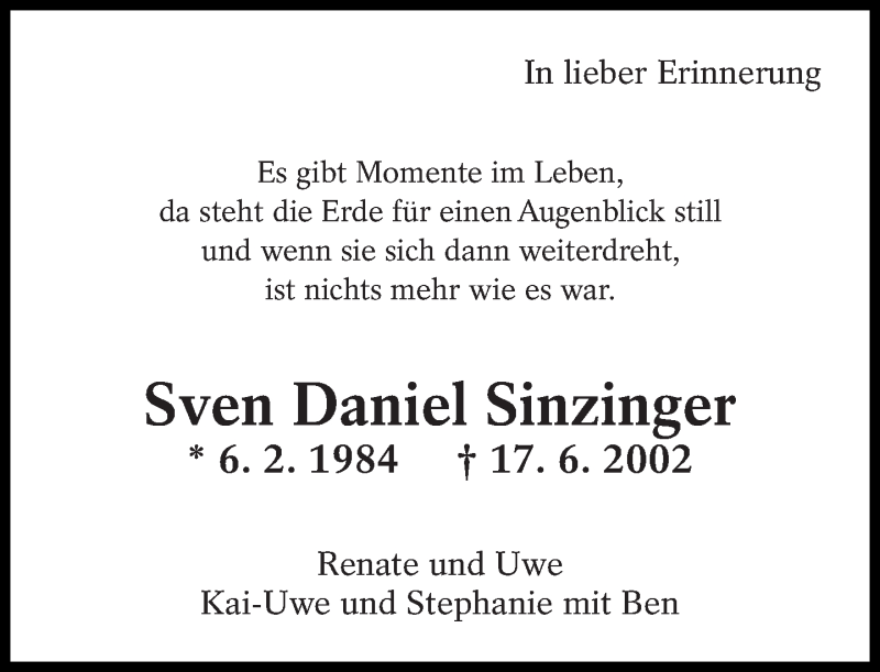  Traueranzeige für Sven Daniel Sinzinger vom 17.06.2015 aus Eßlinger Zeitung/Cannstatter Zeitung