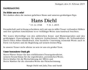 Traueranzeige von Hans Diehl von Eßlinger Zeitung/Cannstatter Zeitung