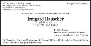 Traueranzeige von Irmgard Rauscher von Eßlinger Zeitung/Cannstatter Zeitung