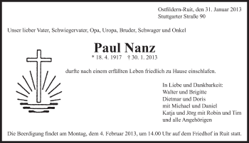 Traueranzeige von Paul Nanz von Eßlinger Zeitung/Cannstatter Zeitung