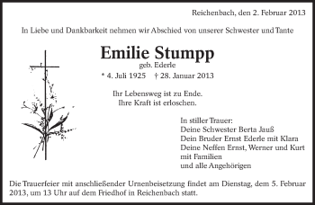 Traueranzeige von Emilie Stumpp von Eßlinger Zeitung/Cannstatter Zeitung
