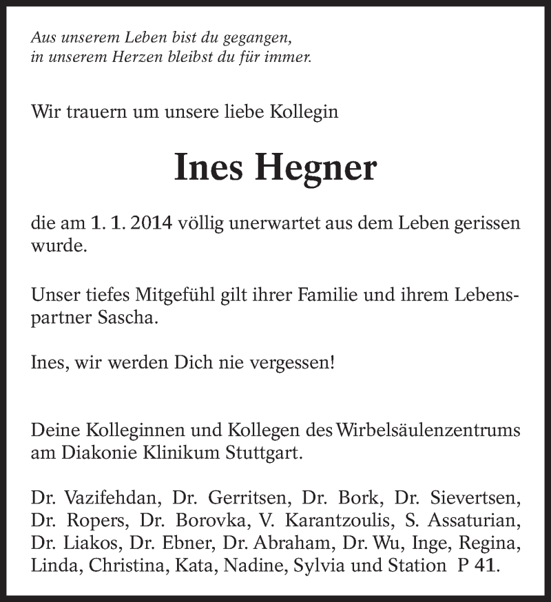  Traueranzeige für Ines Hegner vom 08.01.2014 aus Eßlinger Zeitung/Cannstatter Zeitung