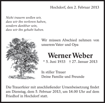Traueranzeige von Werner Weber von Eßlinger Zeitung/Cannstatter Zeitung