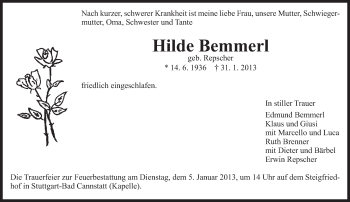 Traueranzeige von Hilde Bemmerl von Eßlinger Zeitung/Cannstatter Zeitung