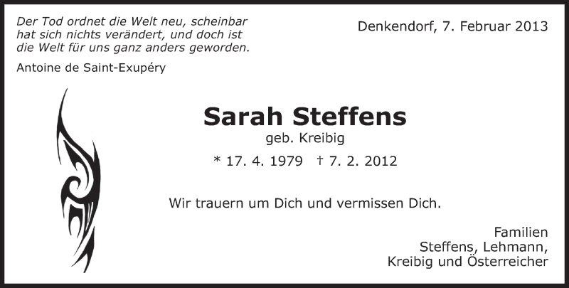  Traueranzeige für Sarah Steffens vom 07.02.2013 aus Eßlinger Zeitung/Cannstatter Zeitung