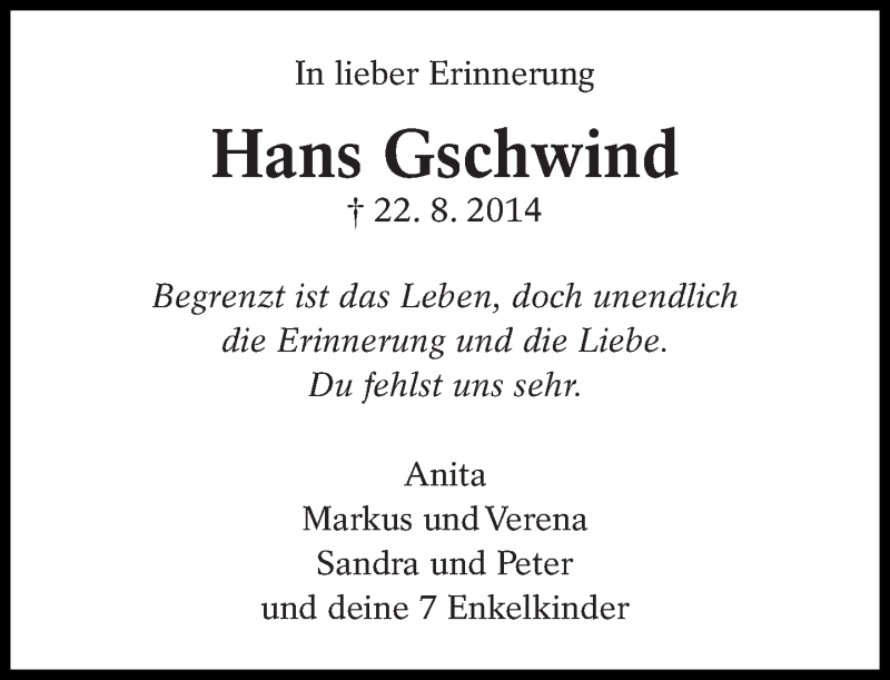  Traueranzeige für Hans Gschwind vom 22.08.2015 aus Eßlinger Zeitung/Cannstatter Zeitung