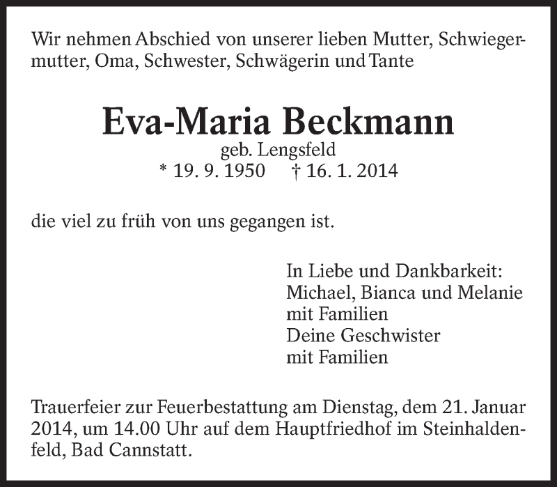  Traueranzeige für Eva-Maria Beckmann vom 18.01.2014 aus Eßlinger Zeitung/Cannstatter Zeitung