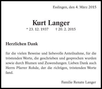 Traueranzeige von Kurt Langer von Eßlinger Zeitung/Cannstatter Zeitung