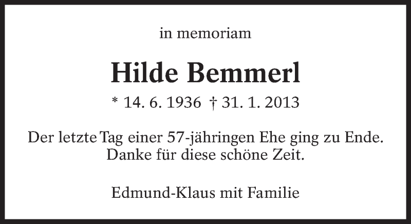  Traueranzeige für Hilde Bemmerl vom 31.01.2014 aus Eßlinger Zeitung/Cannstatter Zeitung