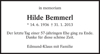 Traueranzeige von Hilde Bemmerl von Eßlinger Zeitung/Cannstatter Zeitung