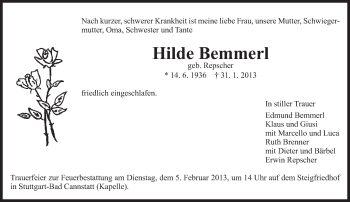 Traueranzeige von Hilde Bemmerl von Eßlinger Zeitung/Cannstatter Zeitung