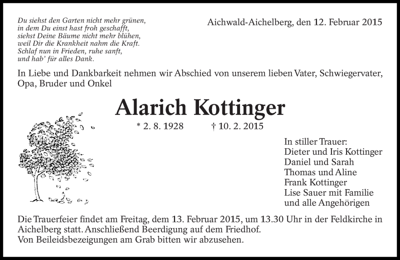  Traueranzeige für Alarich Kottinger vom 12.02.2015 aus Eßlinger Zeitung/Cannstatter Zeitung