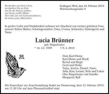 Traueranzeige von Lucia Brünner von Eßlinger Zeitung/Cannstatter Zeitung