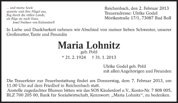 Traueranzeige von Maria Lohnitz von Eßlinger Zeitung/Cannstatter Zeitung