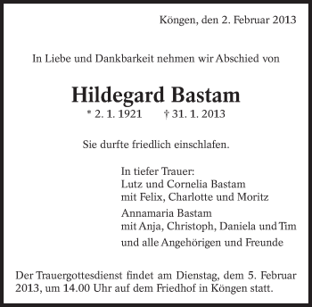 Traueranzeige von Hildegard Bastam von Eßlinger Zeitung/Cannstatter Zeitung