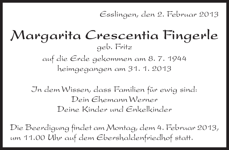  Traueranzeige für Margarita Crescentia Fingerle vom 02.02.2013 aus Eßlinger Zeitung/Cannstatter Zeitung