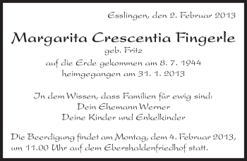 Traueranzeige von Margarita Crescentia Fingerle von Eßlinger Zeitung/Cannstatter Zeitung
