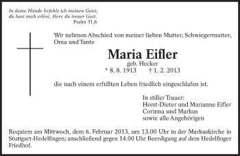 Traueranzeige von Maria Eifler von Eßlinger Zeitung/Cannstatter Zeitung
