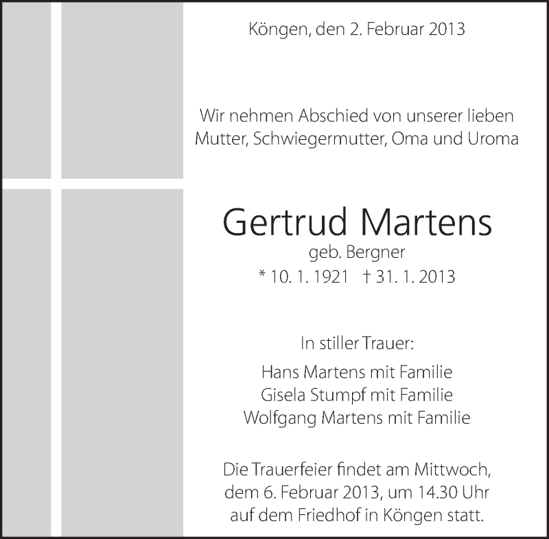  Traueranzeige für Gertrud Martens vom 02.02.2013 aus Eßlinger Zeitung/Cannstatter Zeitung
