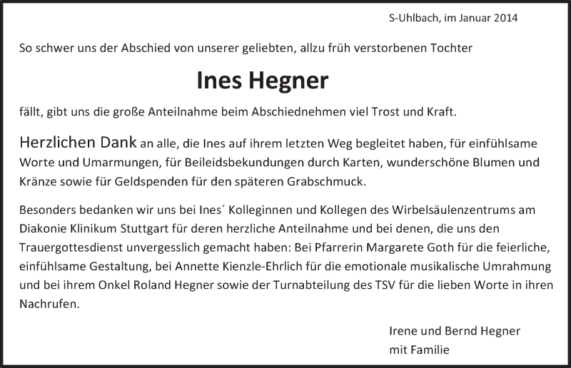  Traueranzeige für Ines Hegner vom 25.01.2014 aus Eßlinger Zeitung/Cannstatter Zeitung