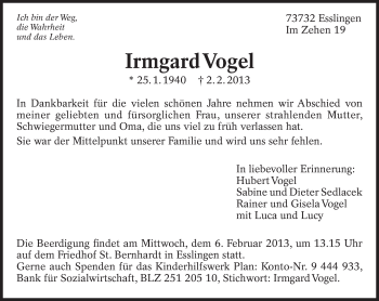 Traueranzeige von Irmgard Vogel von Eßlinger Zeitung/Cannstatter Zeitung