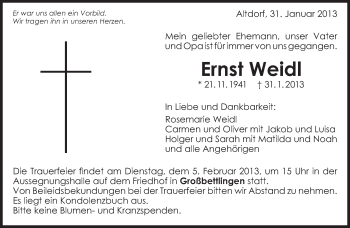 Traueranzeige von Ernst Weidl von Eßlinger Zeitung/Cannstatter Zeitung