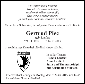 Traueranzeige von Gertrud Piec von Eßlinger Zeitung/Cannstatter Zeitung