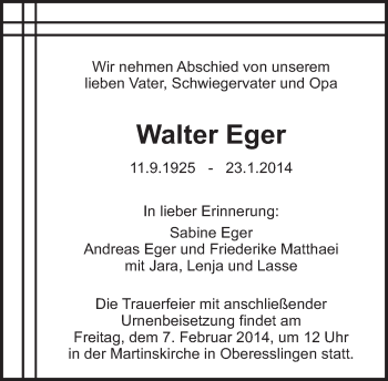 Traueranzeige von Walter Eger von Eßlinger Zeitung/Cannstatter Zeitung