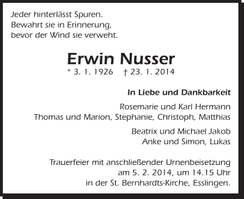 Traueranzeige von Erwin Nusser von Eßlinger Zeitung/Cannstatter Zeitung
